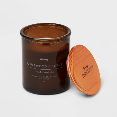 9oz Lidded Glass Jar Crackling Wooden Wick Candle Applewood And Amber - Threshold™ 4 9oz Lidded Glass Jar Crackling Wooden Wick Candle Applewood And Amber - Threshold™ - Image 2