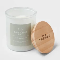 9oz Milky White Glass Woodwick Candle With Wood Lid And Stamped Logo Rainwater Lily - Threshold™ 5 9oz Milky White Glass Woodwick Candle With Wood Lid And Stamped Logo Rainwater Lily - Threshold™ -Decor Home GUEST 4d79ad99 bd6e 4245 8b1a 472320536b1d