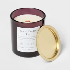 Clear Colored Glass With Woodwick And Brass Metal Inset Lid Spice Vanilla Fig Candle Purple - Threshold™ -Decor Home GUEST 851e53a4 1b0e 449b 92ac ac1f0d30a37e