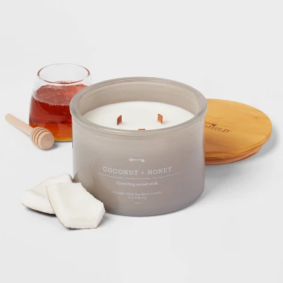 14oz Lidded Gray Glass Jar Crackling Wooden 3-Wick Candle With Clear Label Coconut And Honey - Threshold™ 4 14oz Lidded Gray Glass Jar Crackling Wooden 3-Wick Candle With Clear Label Coconut And Honey - Threshold™ - Image 2