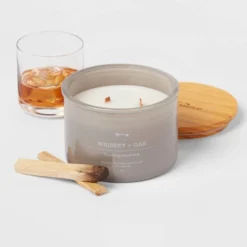 14oz Lidded Gray Glass Jar Crackling Wooden 3-Wick Candle With Clear Label Whiskey + Oak - Threshold™ -Decor Home GUEST c994828f 4a70 488b 9bf2 14e864c98567
