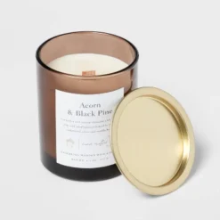 Clear Colored Glass With Woodwick And Brass Metal Inset Lid Acorn + Black Pine Candle Brown - Threshold™ -Decor Home GUEST e82cdb94 c293 4984 b5b6 1ca170680739